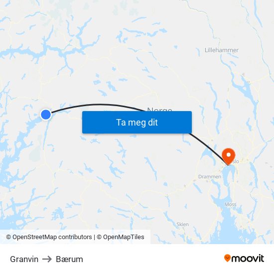 Granvin to Bærum map