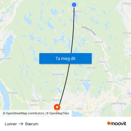 Lunner to Bærum map