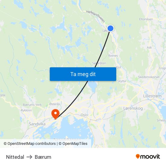 Nittedal to Bærum map