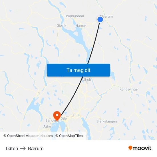 Løten to Bærum map