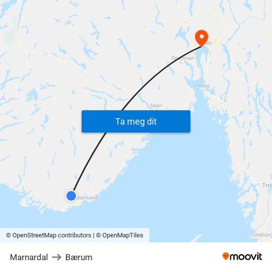 Marnardal to Bærum map