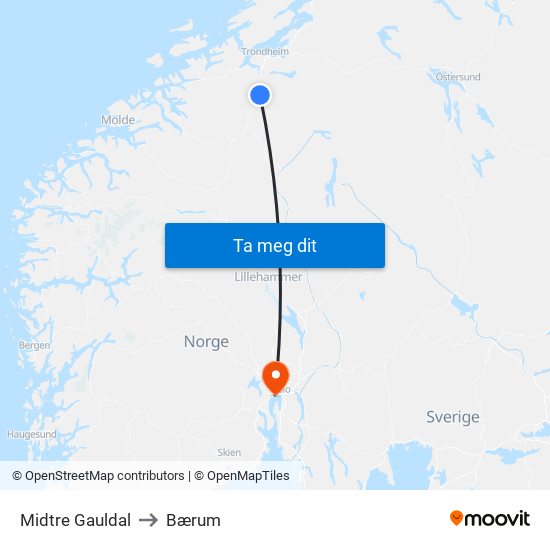 Midtre Gauldal to Bærum map