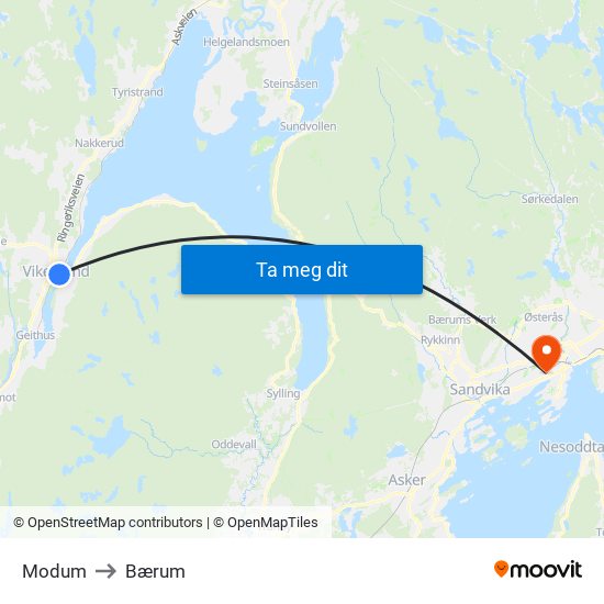 Modum to Bærum map