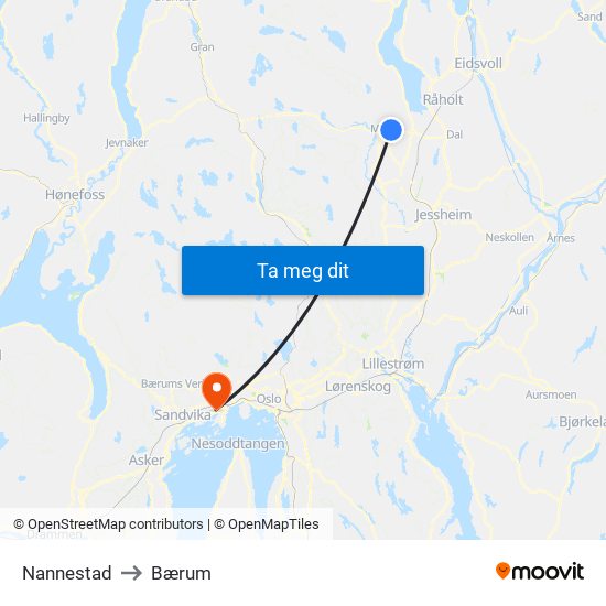 Nannestad to Bærum map