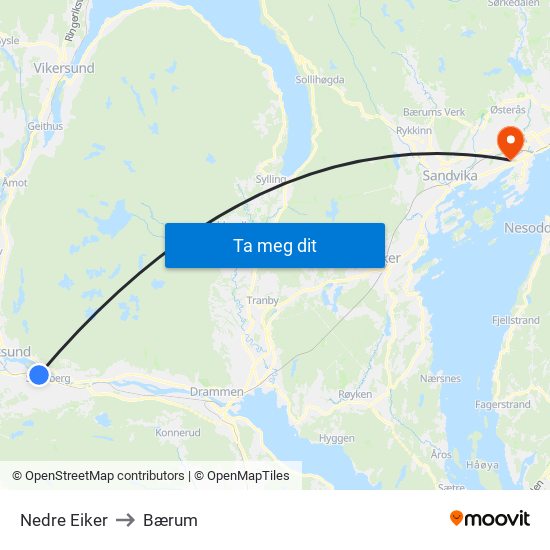Nedre Eiker to Bærum map