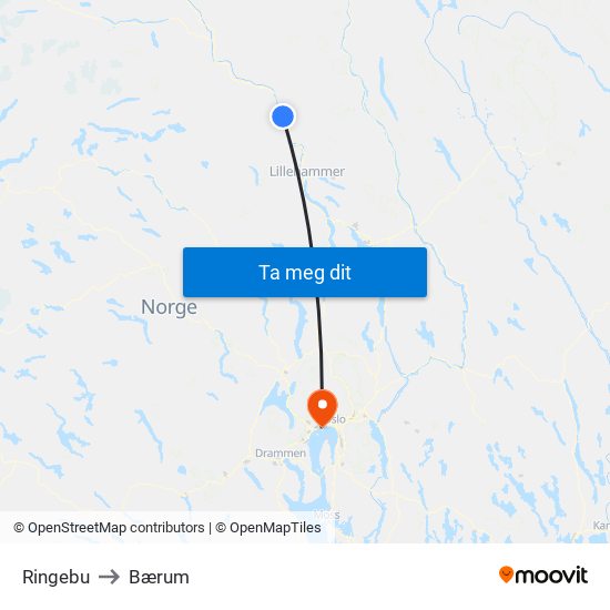 Ringebu to Bærum map