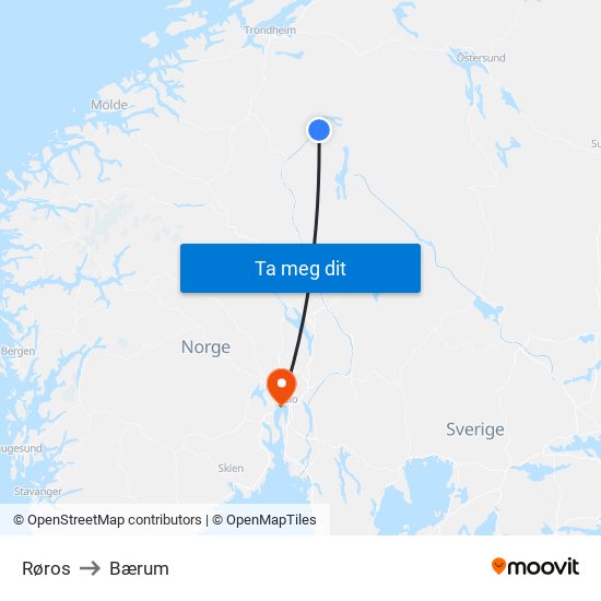 Røros to Bærum map