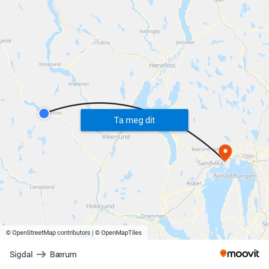 Sigdal to Bærum map