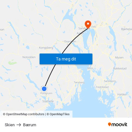 Skien to Bærum map