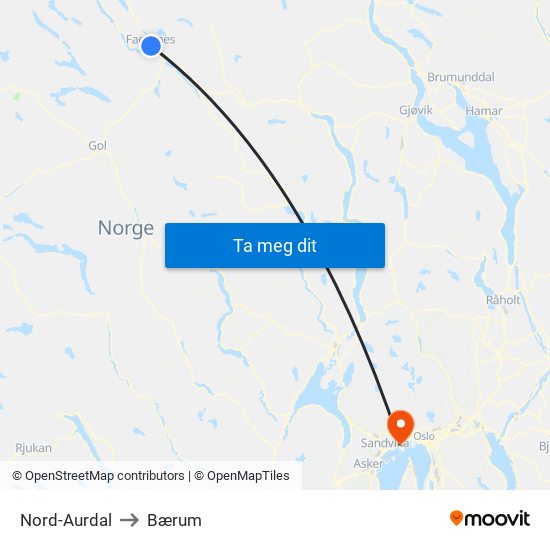 Nord-Aurdal to Bærum map
