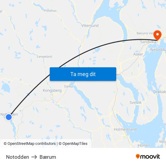 Notodden to Bærum map