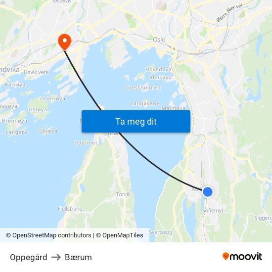 Oppegård to Bærum map