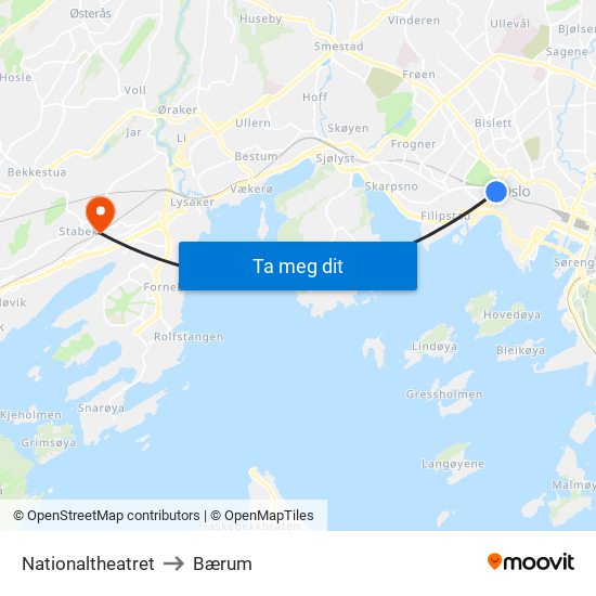 Nationaltheatret to Bærum map