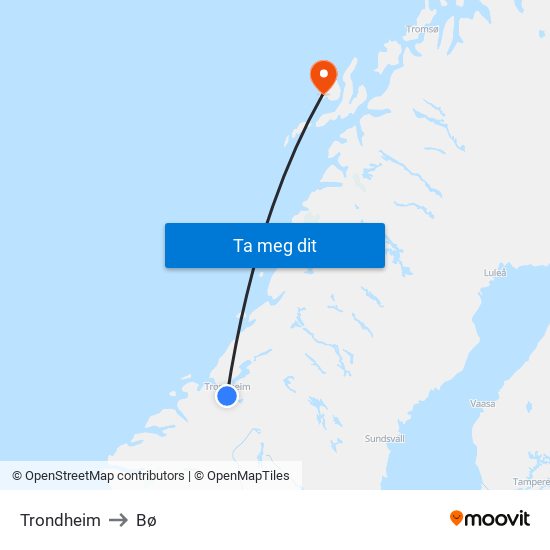 Trondheim to Bø map