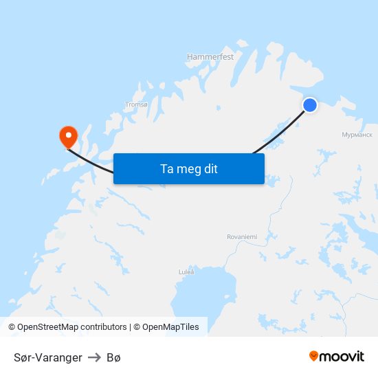 Sør-Varanger to Bø map