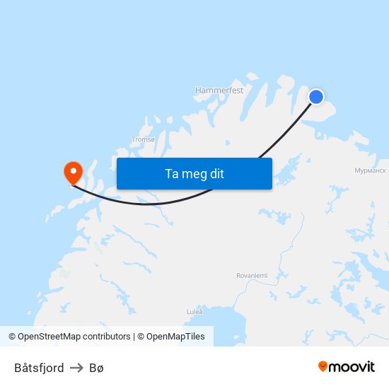 Båtsfjord to Bø map