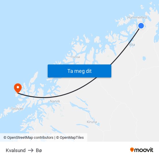 Kvalsund to Bø map