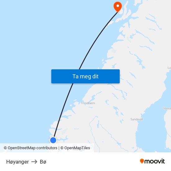 Høyanger to Bø map