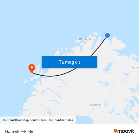 Gamvik to Bø map