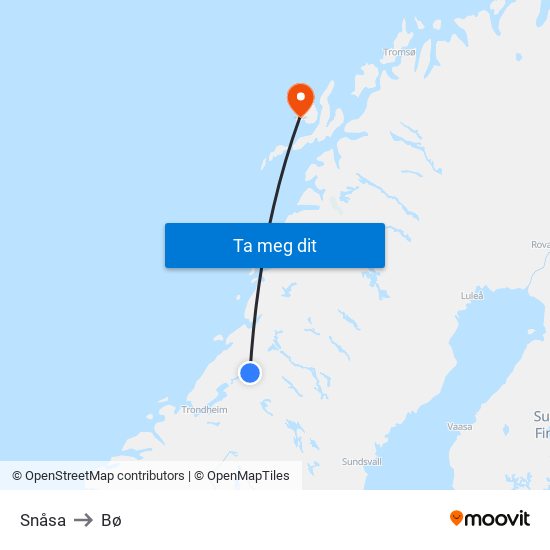 Snåsa to Bø map