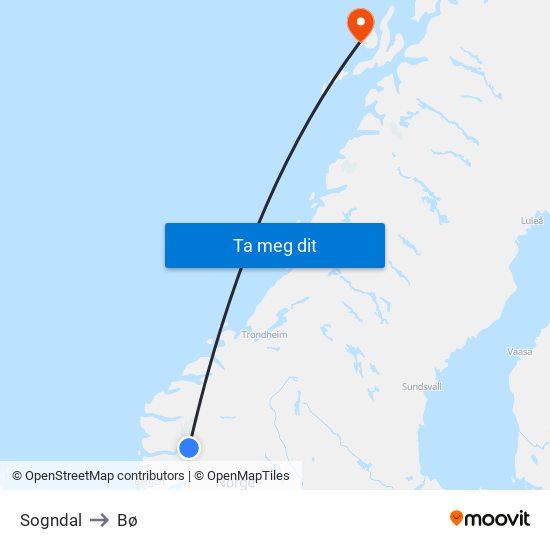 Sogndal to Bø map