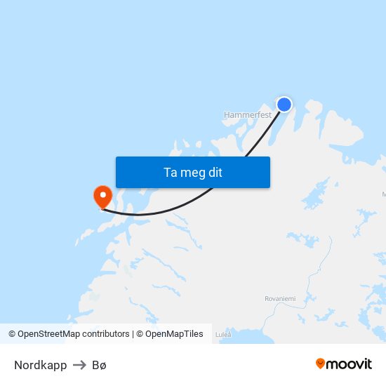 Nordkapp to Bø map