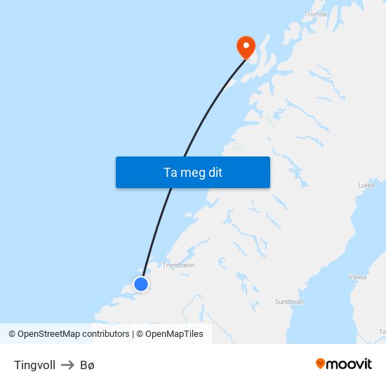 Tingvoll to Bø map