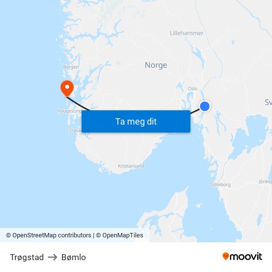Trøgstad to Bømlo map