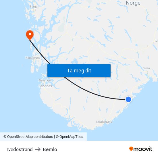 Tvedestrand to Bømlo map