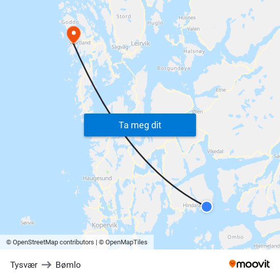 Tysvær to Bømlo map
