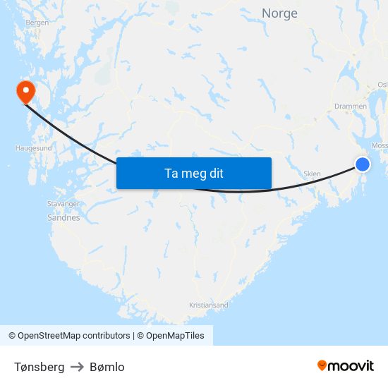 Tønsberg to Bømlo map