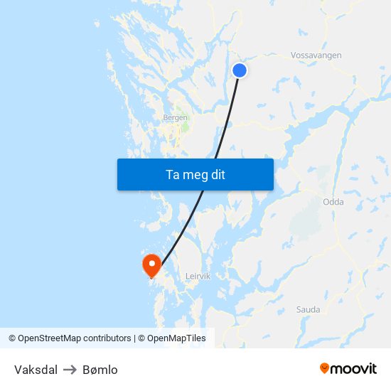 Vaksdal to Bømlo map