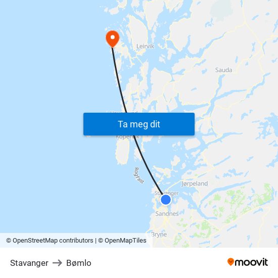 Stavanger to Bømlo map