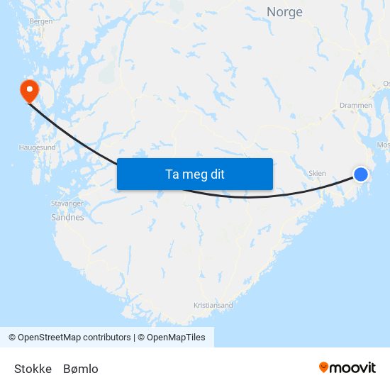 Stokke to Bømlo map