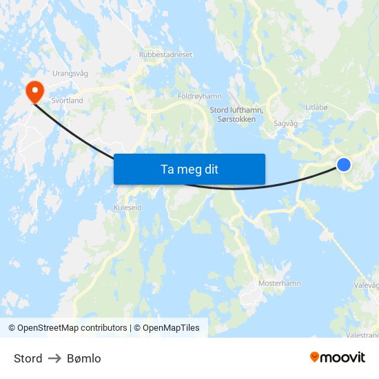 Stord to Bømlo map
