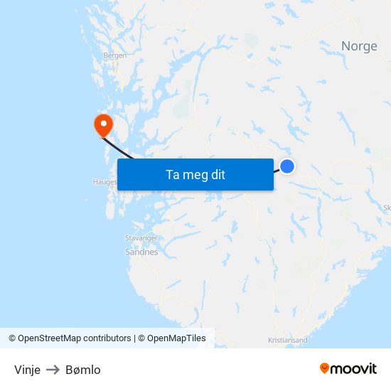 Vinje to Bømlo map