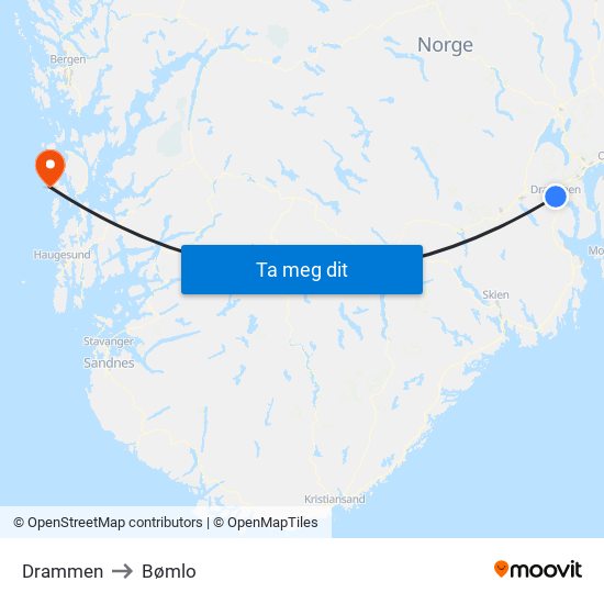 Drammen to Bømlo map