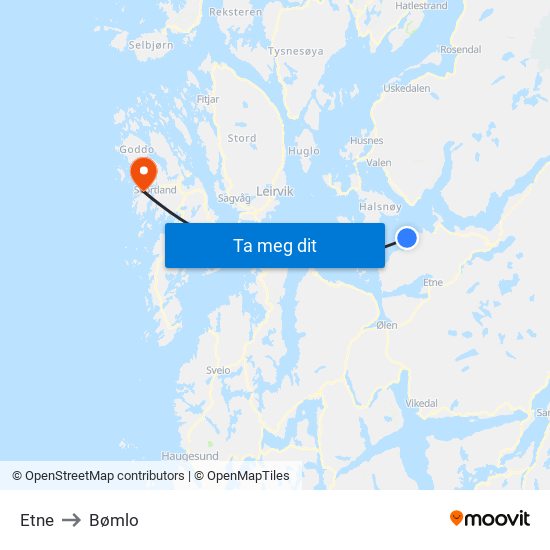 Etne to Bømlo map