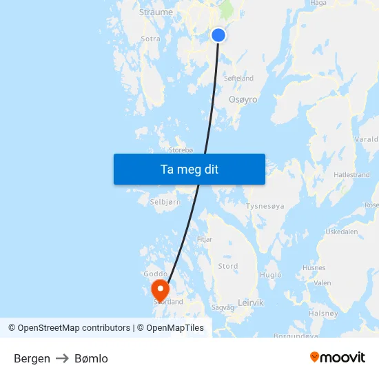 Bergen to Bømlo map