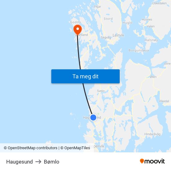 Haugesund to Bømlo map