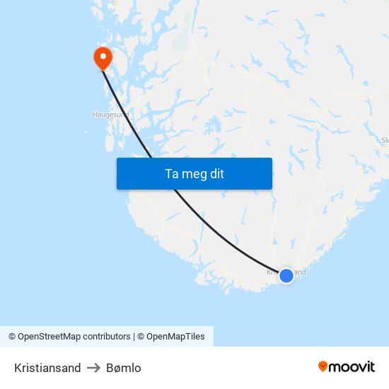 Kristiansand to Bømlo map