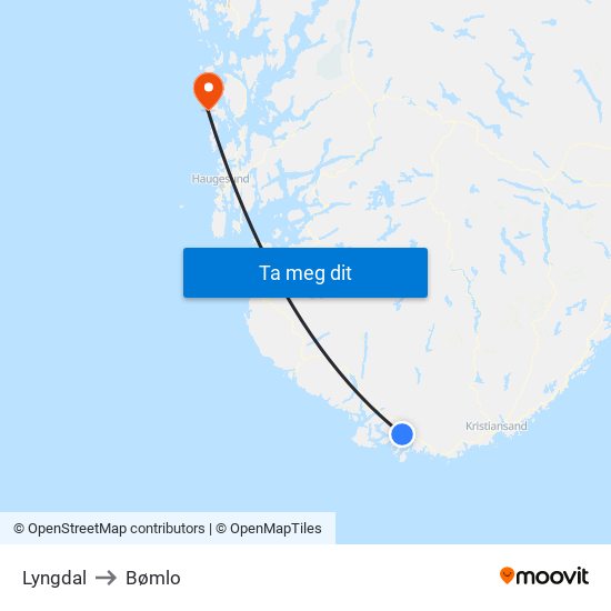 Lyngdal to Bømlo map