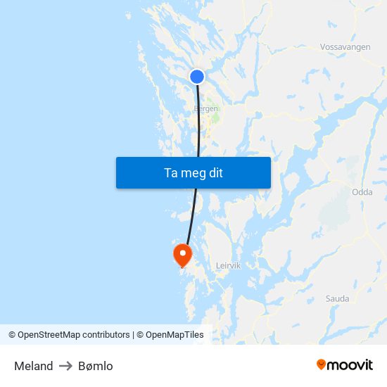 Meland to Bømlo map