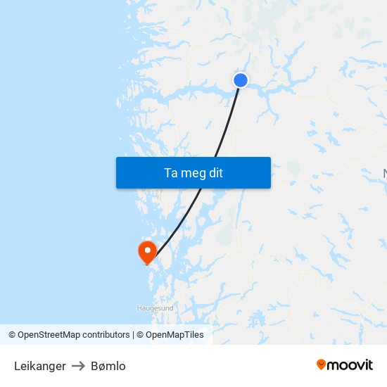 Leikanger to Bømlo map