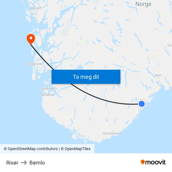 Risør to Bømlo map