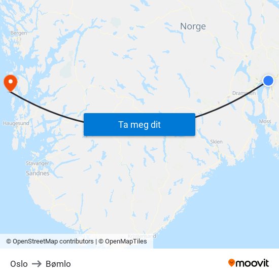 Oslo to Bømlo map