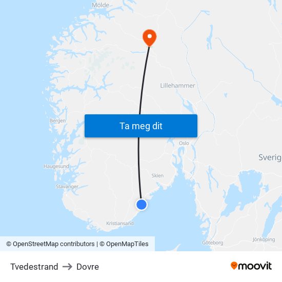 Tvedestrand to Dovre map