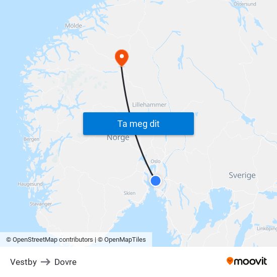 Vestby to Dovre map