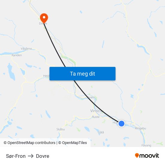 Sør-Fron to Dovre map