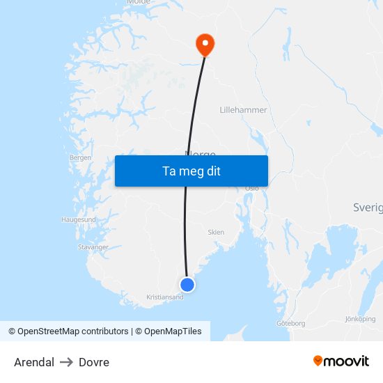 Arendal to Dovre map